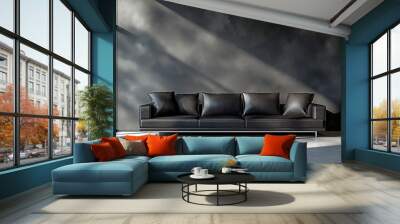 modern black leather sofa in a minimalist living room with dark walls, indoor plants, and huge windows letting in natural light. Wall mural