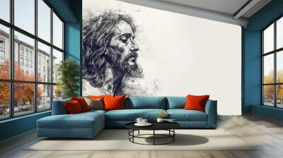 pencil drawing of a religious picture of Jesus Christ on a white backdrop with copy space. Wall mural