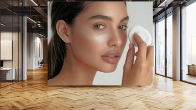 portrait of close-up images showcasing a young woman with flawless skin applying skincare products. Wall mural