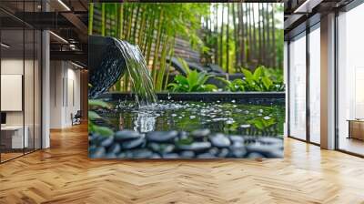 serene water garden including a bamboo water fountain. Wall mural