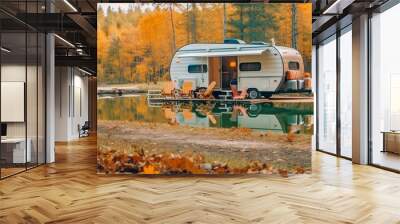 Traveling by caravan or camper and camping with a trailer for a mobile home or recreational vehicle, camping in the fall. The Generative AI Wall mural