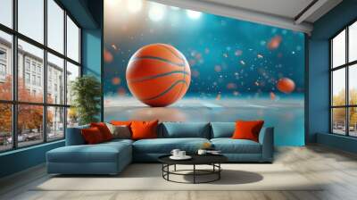 A basketball sits on the court, the energy and excitement of the upcoming game. Wall mural