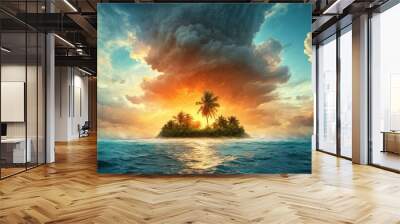 A dramatic hurricane approaches a serene island at sunset, with vibrant cloud formations creating a striking contrast between the calm and the impending storm. Wall mural