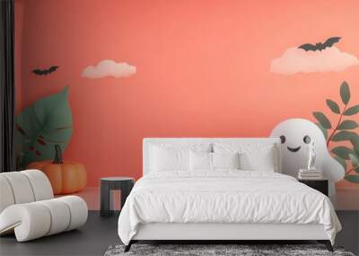 A Halloween themed background with a white ghost and a pumpkin Wall mural