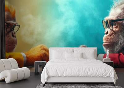 A playful debate two monkeys in stylish suits face off with intense glares and fun expressions in a colorful setting. Wall mural