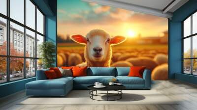 A serene evening on the farm capturing the beauty of sheep against a stunning sunset. Wall mural