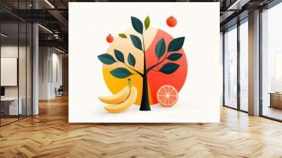 A tree with bananas and oranges on it Wall mural