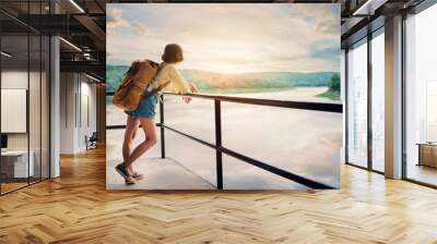 Asian girl backpack on the park background, journey and traveling on holiday concept . Wall mural