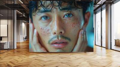 Close-up face of asian man worry about acne and easily irritated skin conditions. sensitive skin and skin care concept. Wall mural