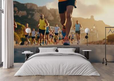 Close-up feet of group runner running marathon on the road in the urban during rain fall and sunset. Wall mural