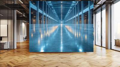 Empty warehouse floor with polished concrete and high ceilings, ready for storage. Wall mural