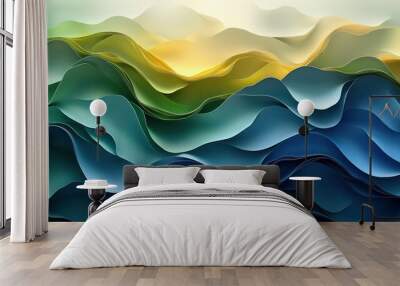 Green and blue graphic background, overlapping curves and circles, futuristic geometric shapes. Wall mural