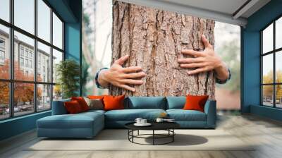 Man hug big tree color of hipster tone selective soft focus, concept nature and people protect environment Wall mural