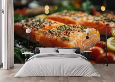 Seafood buffet spread with various dishes including salmon sushi. Wall mural