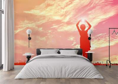 Silhouette happy girl  at sunset Wall mural