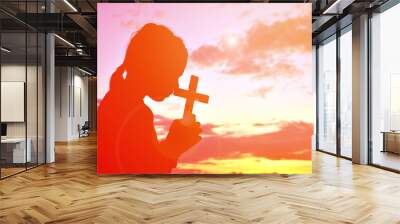 Silhouette people jesus and cross at sunset Wall mural