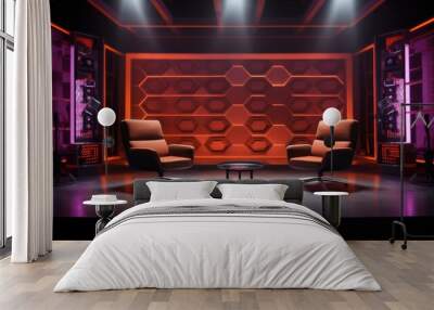 The modern podcast and streaming studio with led panels background for working and recording. Wall mural