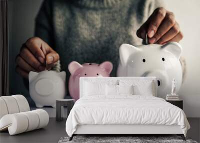 Woman hand and white piggy bank to saving money concept .budget, financial. Wall mural