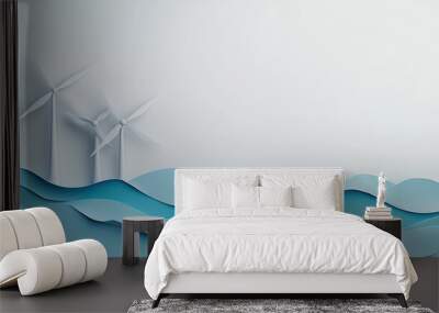 3d paper cut wind turbines ocean waves white background renewable energy concept eco-friendly sustainability clean power visual minimal design Wall mural