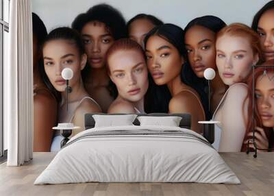 Beautiful diverse group of young women in 20s with natural makeup for cosmetic skincare, haircare or skin hair products or international women's Day, friendship, girl empowerment or inclusive models  Wall mural