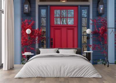 Bold red front entrance door with blue house exterior walls vine flower pots 4th of july independance day patriotic home decorations America entryway doorway facade patio patrioctic farmhouse veranda  Wall mural