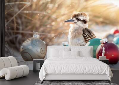 Close up brown Australian kookaburra wildlife Christmas beach festive scene natural rustic sand outdoor coastal aqua baubles decoration cheerful native bird Australia environment flora background Wall mural