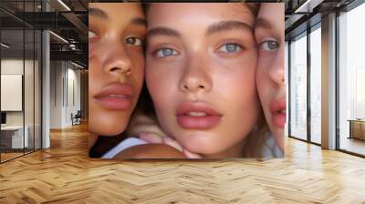 Diversity of young model women with natural makeup for cosmetic skincare, haircare or skin hair products,  editorial studio group of friends with black white caucasian freckles skintone and full lips  Wall mural