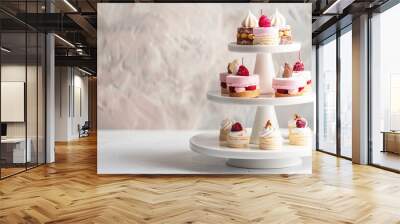 Elegant tiered cake stand with pastel desserts and raspberries minimal white sweet gourmet treat food display bakery celebration delicate aesthetic dessert Wall mural