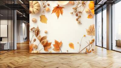 Flatlay of Halloween Thanksgiving frame border of pumpkin fall leaf foliage for rustic boho farmhouse rural beige mock up textured background with copy space Empty backdrop lux Autumn POD Above view Wall mural