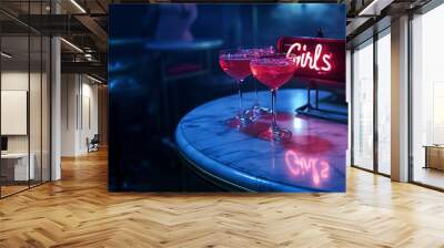 Girly pink neon light Girls Night sign glowing club bar pub nightclub wine champagne gin vodka mix pretty lux cocktails on table fun nightlife party celebration event decor ladies friends promo Wall mural