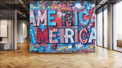 Graffiti brick wall typography words America for 2024 president election patriotic USA pride mural street art banner red white blue flag stars stripes spray paint urban democracy background Wall mural