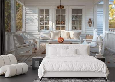 Halloween porch white house pumpkin ghost decoration autumn decor seasonal festive home improvement timber natural wooden veranda patio Hamptons coastal Cape Cod fall house exterior sofa luxury chic Wall mural