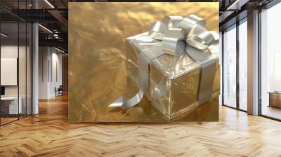 Luxurious golden gift box with white ribbon on reflective gold background elegant festive packaging for special occasions holidays weddings copy space banner  golden anniversary birthday Christmas ad Wall mural