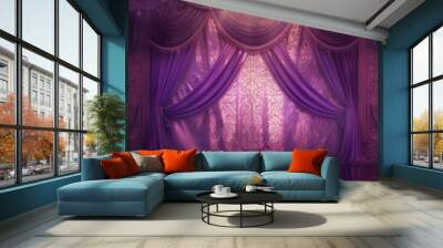 Luxurious stage purple lace curtains opulent backdrop dramatic performance empty theatre stage lace purple  drapes elegant backdrop soft draping curtain background Edwardian regal Victorian royal lux Wall mural