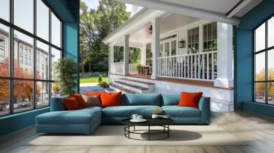 Modern beach coastal veranda front entrance porch steps balcony white paint natural timber wood deck lux Hamptons luxury patio house resort vibes contemporary Cape Cod summer home outdoor living  Wall mural