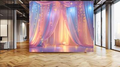 Pretty pastel pink blue stage theater fairy lights draping curtains hanging lace lux twinkling bokeh magic unicorn empty show sheer fabric backdrop background party photobooth twinkling  whimsical set Wall mural