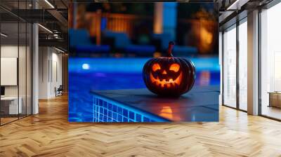 Scary evil jack-o-lantern glowing lit pumpkin face water reflection pool edge outdoor bokeh orange fairy lights carved evil face fall October jack lantern decoration copy space product mockup banner Wall mural