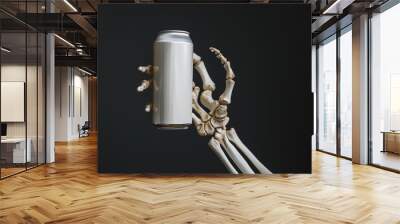 Skeleton bone hand holding a blank white tin drink can POD mockup Halloween modern eerie design for beer soda spritz alcohol cold drink creepy horror undead skeletal grim beverage creative concept Wall mural