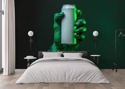 Spooky green zombie hand holding a blank white tin drink can POD mockup Halloween design for beer soda spritz alcohol cold drink cool modern creepy horror undead monster fun creative marketing concept Wall mural