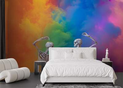 Two spooky skeletons couple jumping dancing creepy smoke fog mist Halloween background ballet leap  dance fun pose nightclub music club disco dj poster skull bone horror haunted dancers copy banner Wall mural