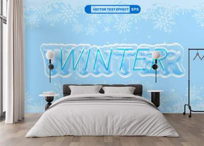 Frozen style winter 3d editable vector text effect with snowflake background Wall mural