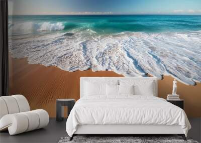 beach sand sea water summer background sand beach desert texture white foam wave sandy seashore top view Wall mural