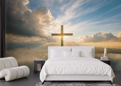 christian cross appears bright in the sky background and soft clouds with the light shining as love hope and freedom of god jesus Wall mural