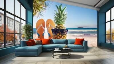 pineapple with sunglasses on tropical beach background summer beach concept Wall mural