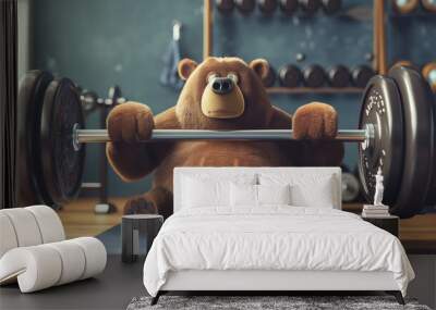 A cute teddy bear is exercising at the gym, lifting weights. Wall mural