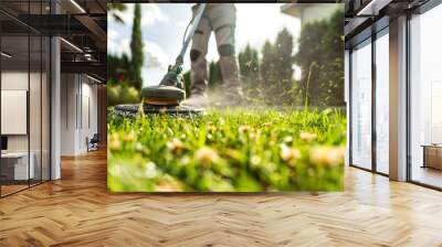 A perspective from below on a man who is cutting the grass in his home garden with an electric scythe.
 Wall mural