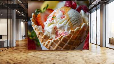 A scoop of velvety ice cream served in a waffle cone, decorated with a piece of fresh fruit. Wall mural