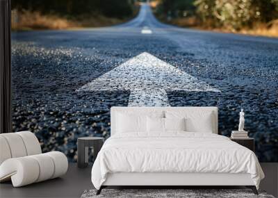 A straight road covered with asphalt, with a clearly marked arrow pointing in the direction, symbolizing the decision to choose a path in life. Wall mural