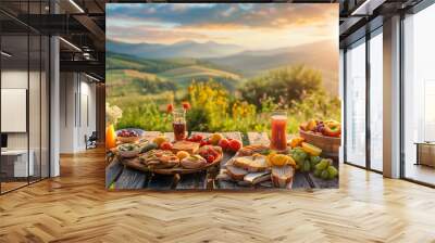 A summer picnic in the bosom of nature, where a wooden table laden with food invites you to a traditional country breakfast.
 Wall mural