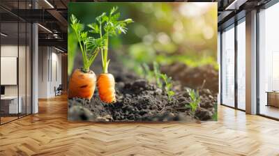 Carrots in garden soil, ready to harvest. Growing vegetables organically outdoors provides healthy and nutritious produce.
 Wall mural